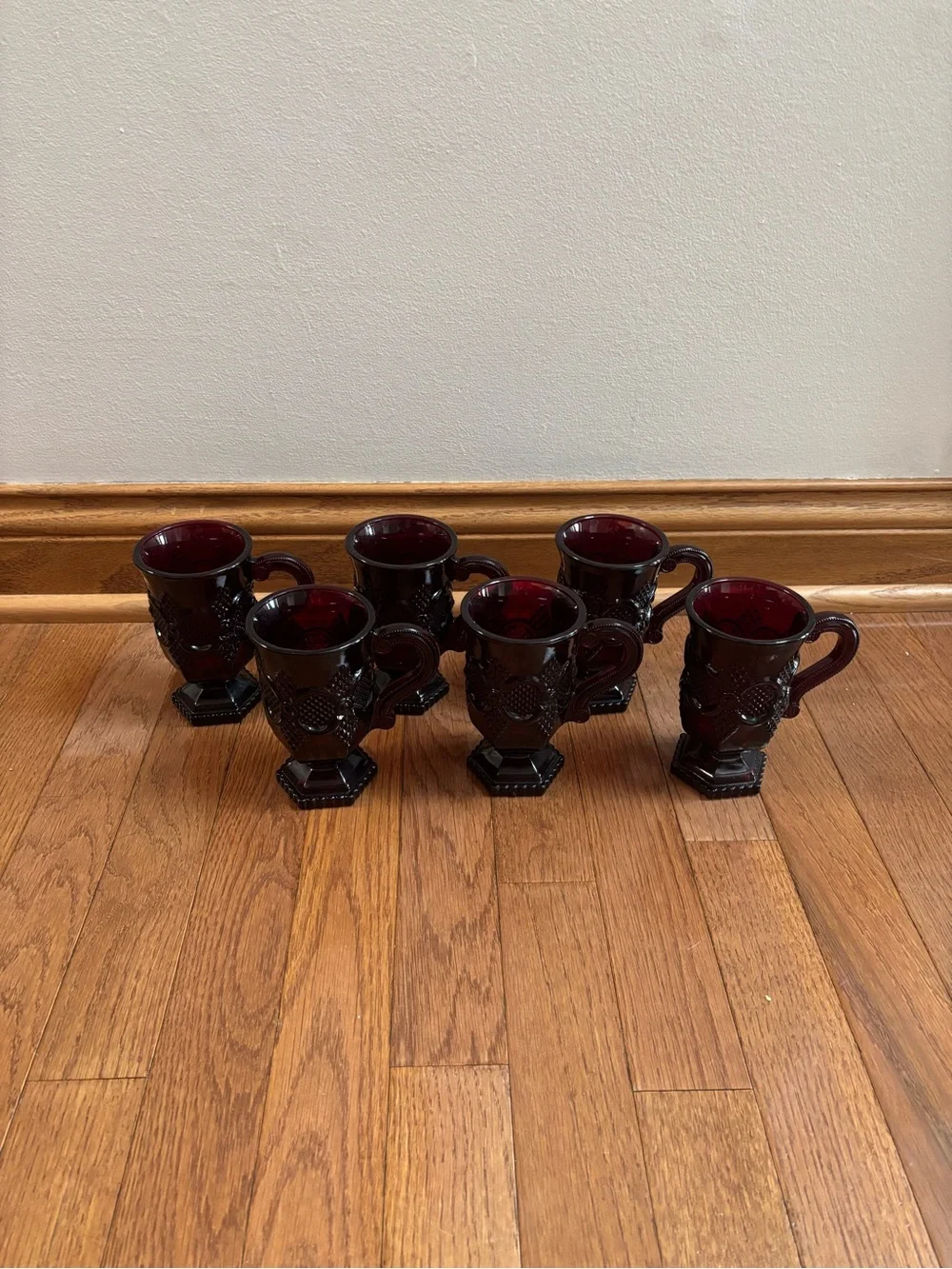 Set of 6 Vintage Ruby Red Avon Cape Cod 1976 Embossed Pedestal Glass Mugs